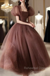 Lovely Puffy Sleeves Tulle Long Party Dress, Scoop Ball Gown Long Semi Formal Prom Dress